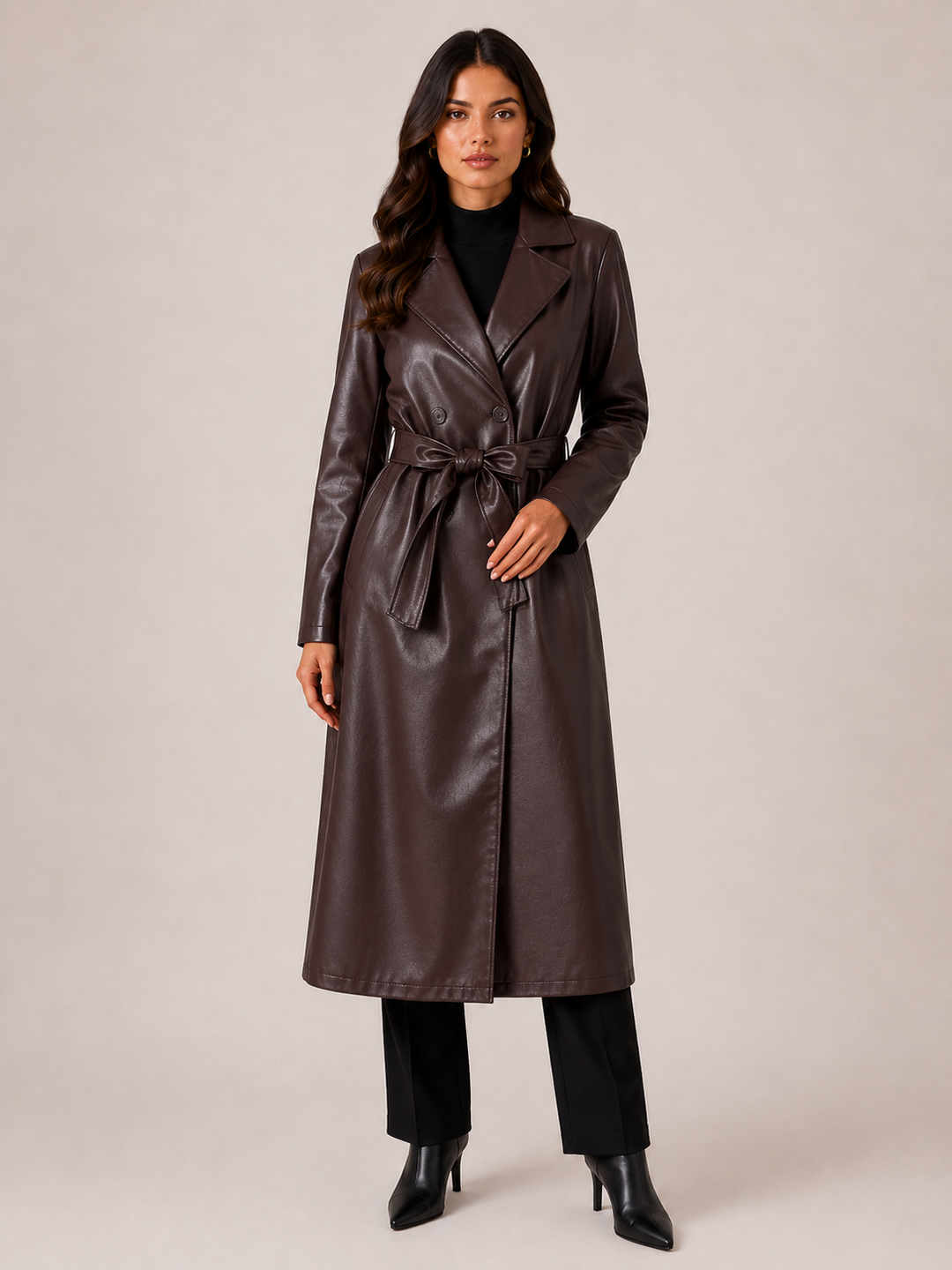 Women's trench coat in dark brown, glossy belted longline with wide lapels