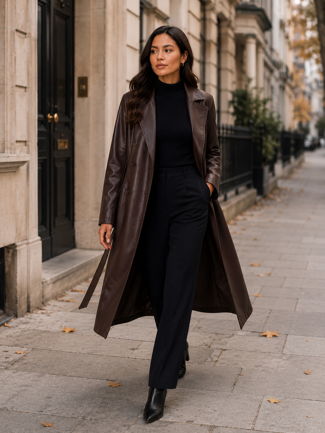 Dark brown trench coat worn open on an autumn city street