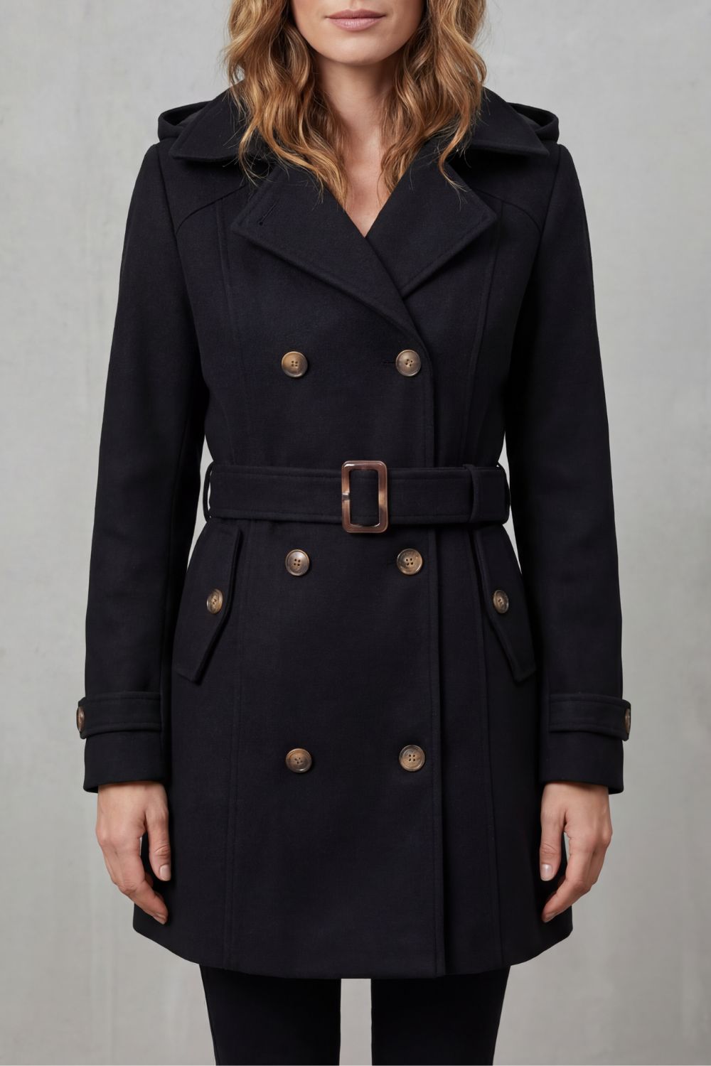 Women's trench coat in black, hooded belted double breasted