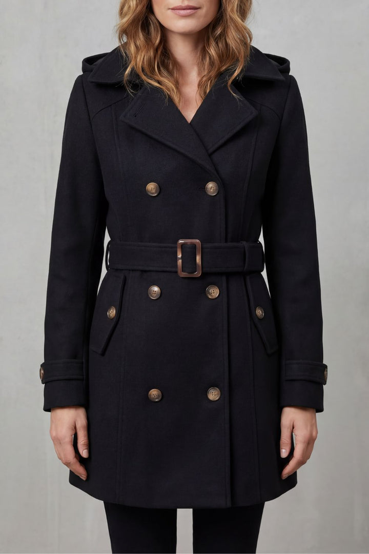 Women's trench coat in black, hooded belted double breasted
