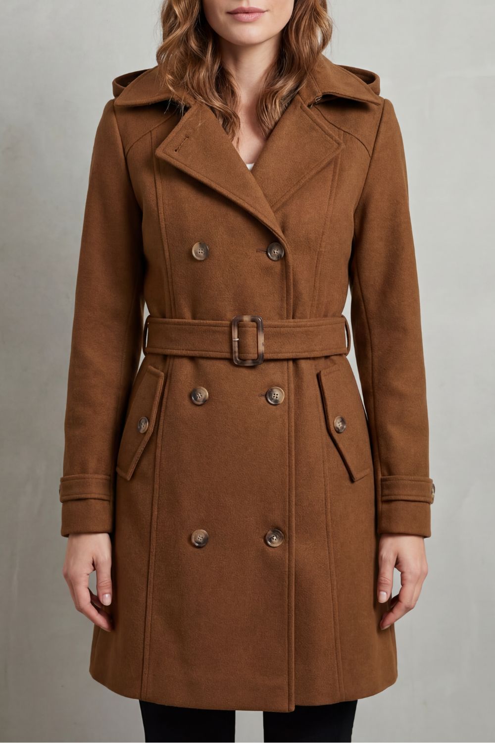 Women's trench coat in brown, hooded belted double breasted