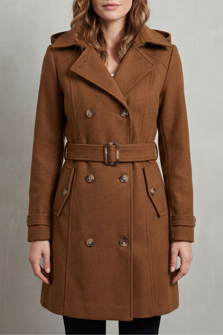 Women's trench coat in brown, hooded belted double breasted