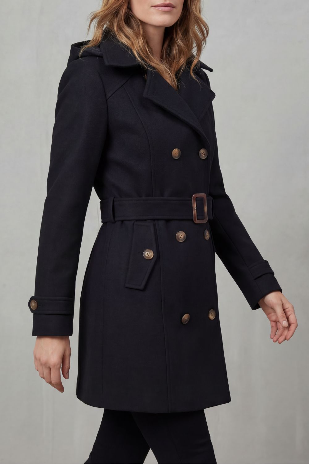 Women's trench coat, hooded belted double breasted, view 2