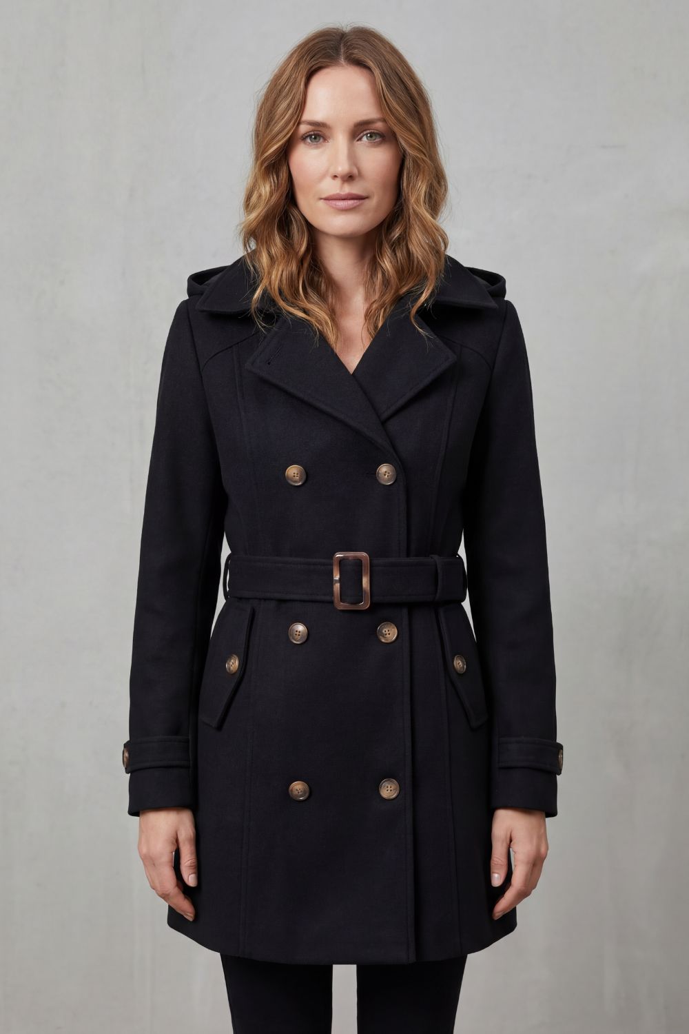 Women's trench coat, hooded belted double breasted, view 1