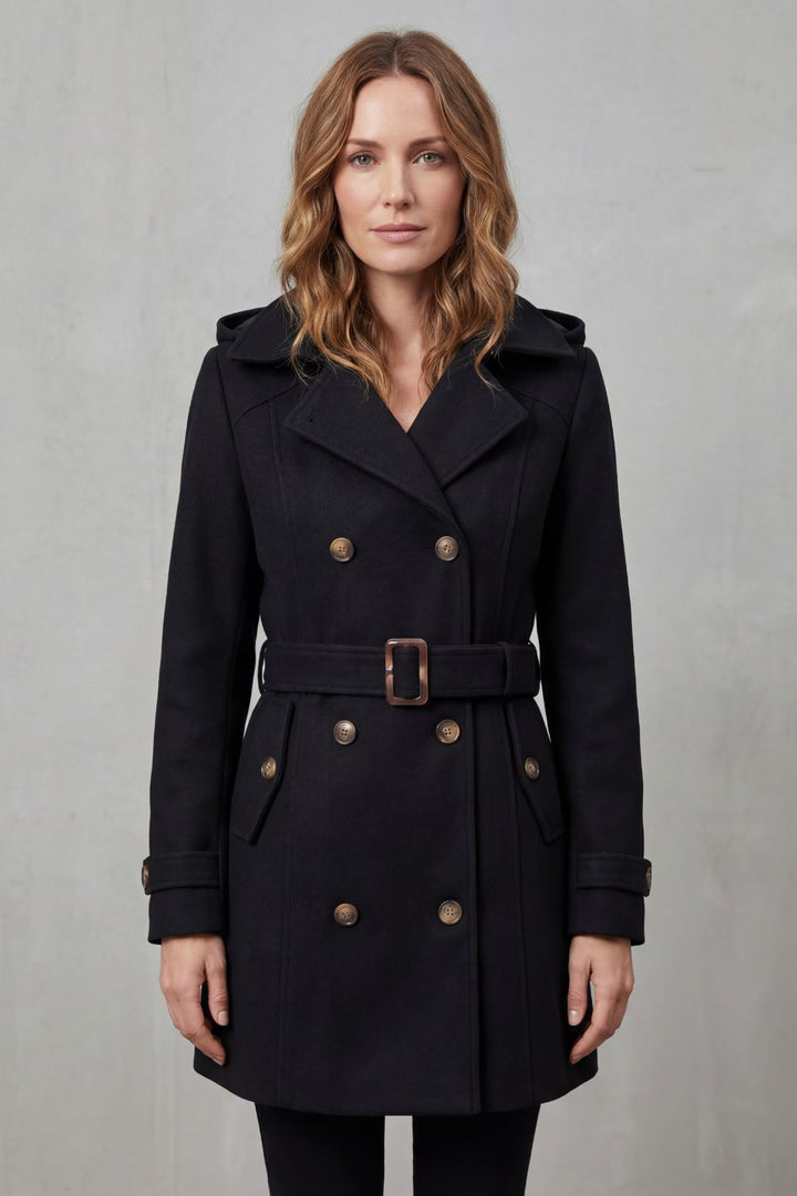 Women's trench coat, hooded belted double breasted, view 1