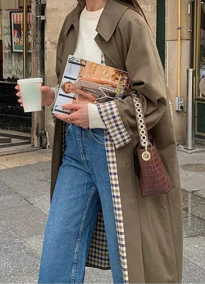 Women's trench coat in khaki, oversized longline with check cuffs