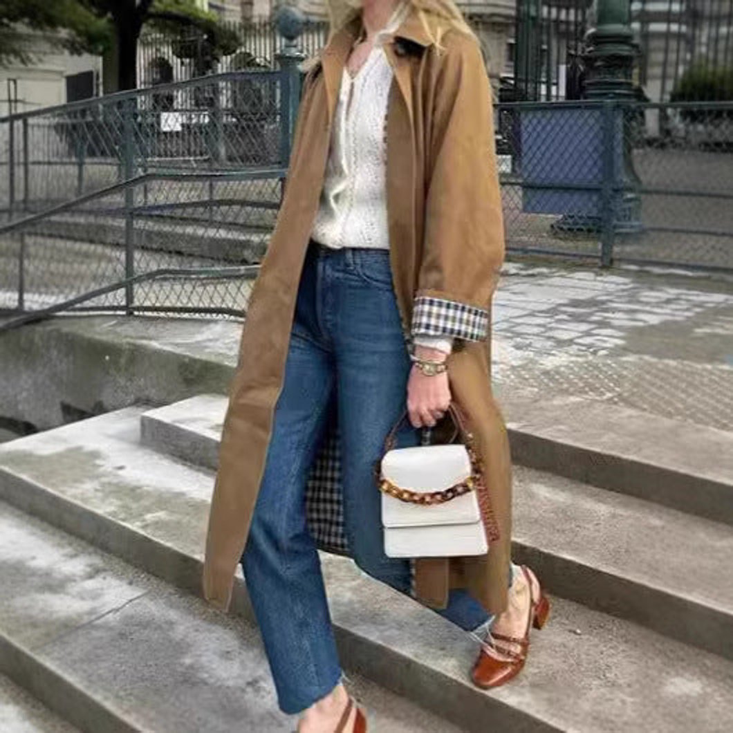 Trench Coat in khaki, styled outdoors