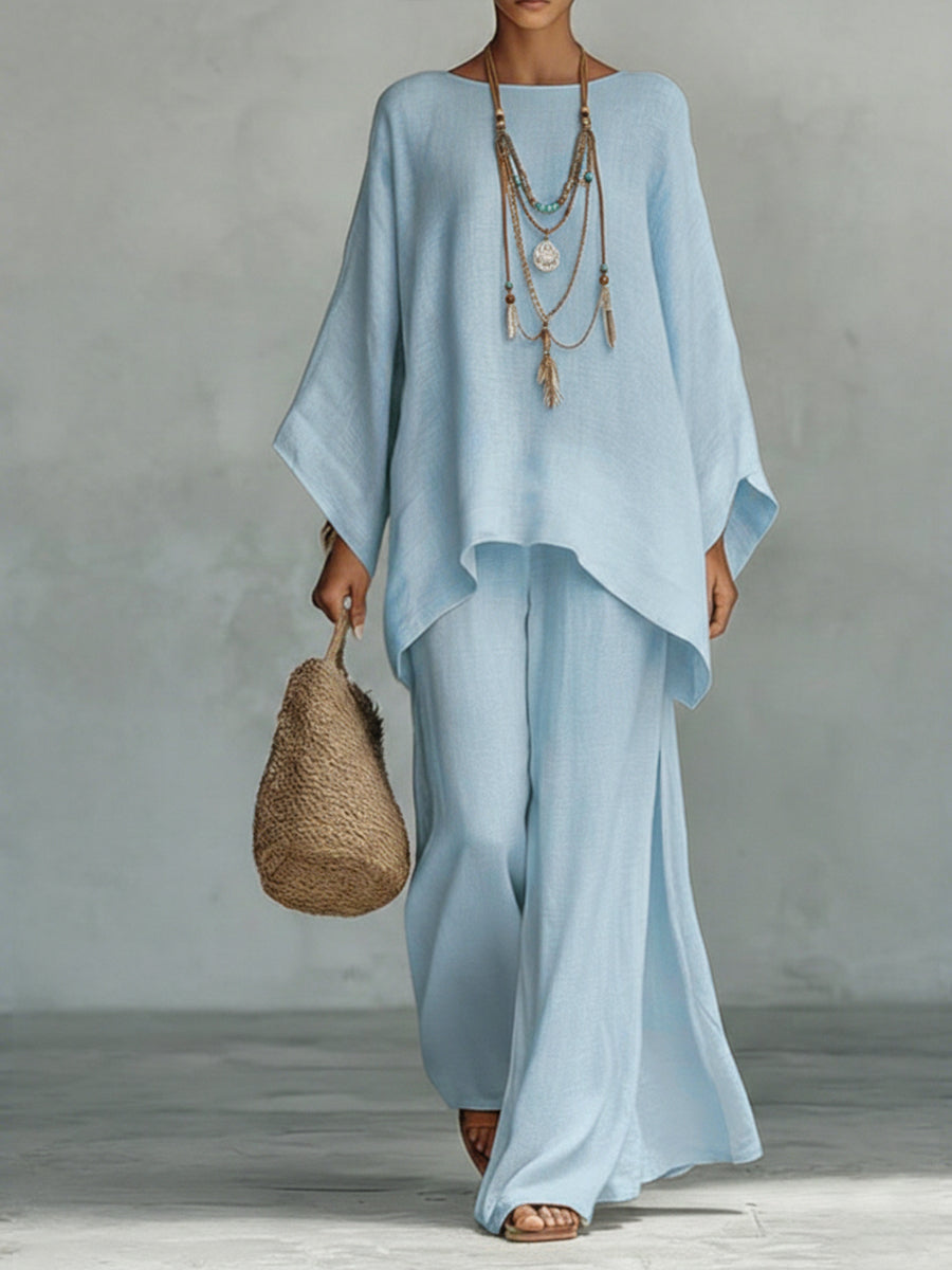 Women's co ord set in light blue, wide leg trousers two piece