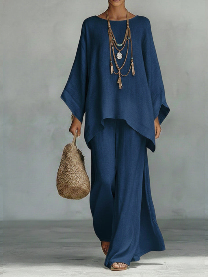Women's co ord set in navy, wide leg trousers two piece