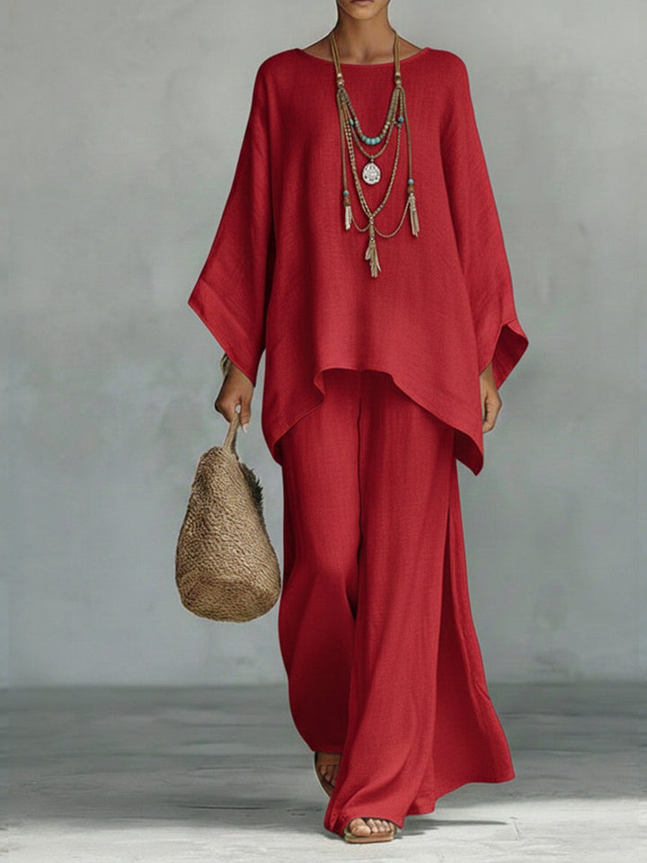 Women's co ord set in red, wide leg trousers two piece
