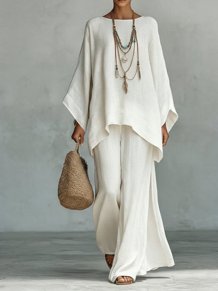 Women's co ord set in white, wide leg trousers two piece