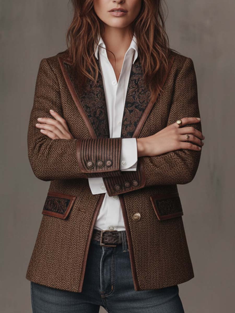 Brown herringbone blazer worn with arms crossed, showing the banded cuffs