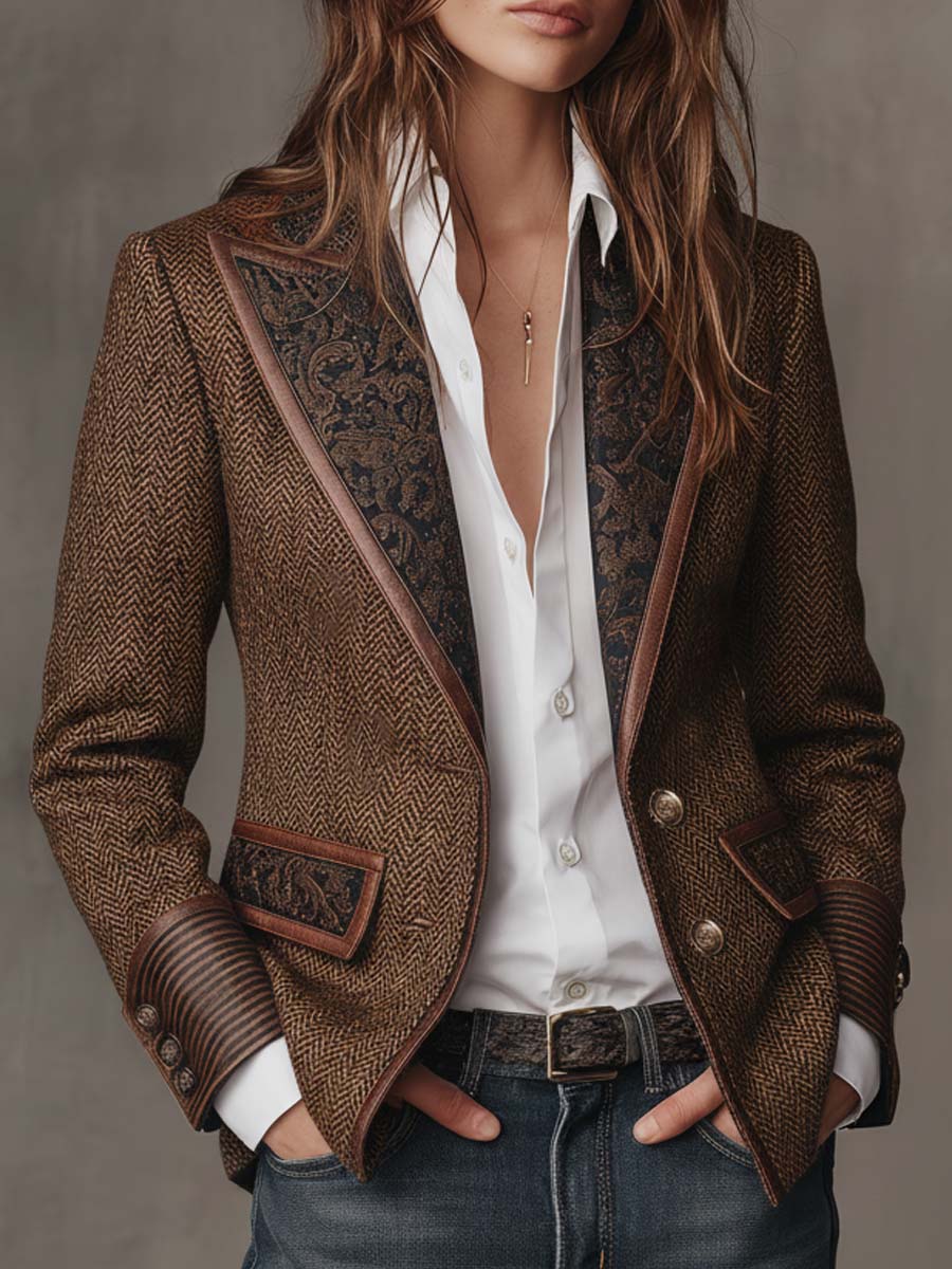 Women's tweed jacket in brown herringbone with paisley lapels and striped buttoned cuffs