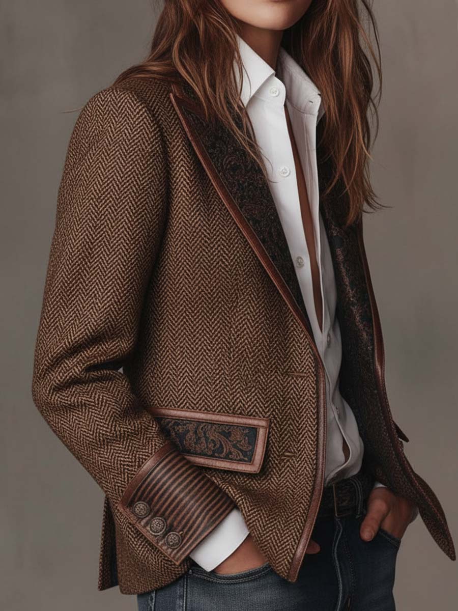Brown blazer from a three-quarter angle with hands in pockets