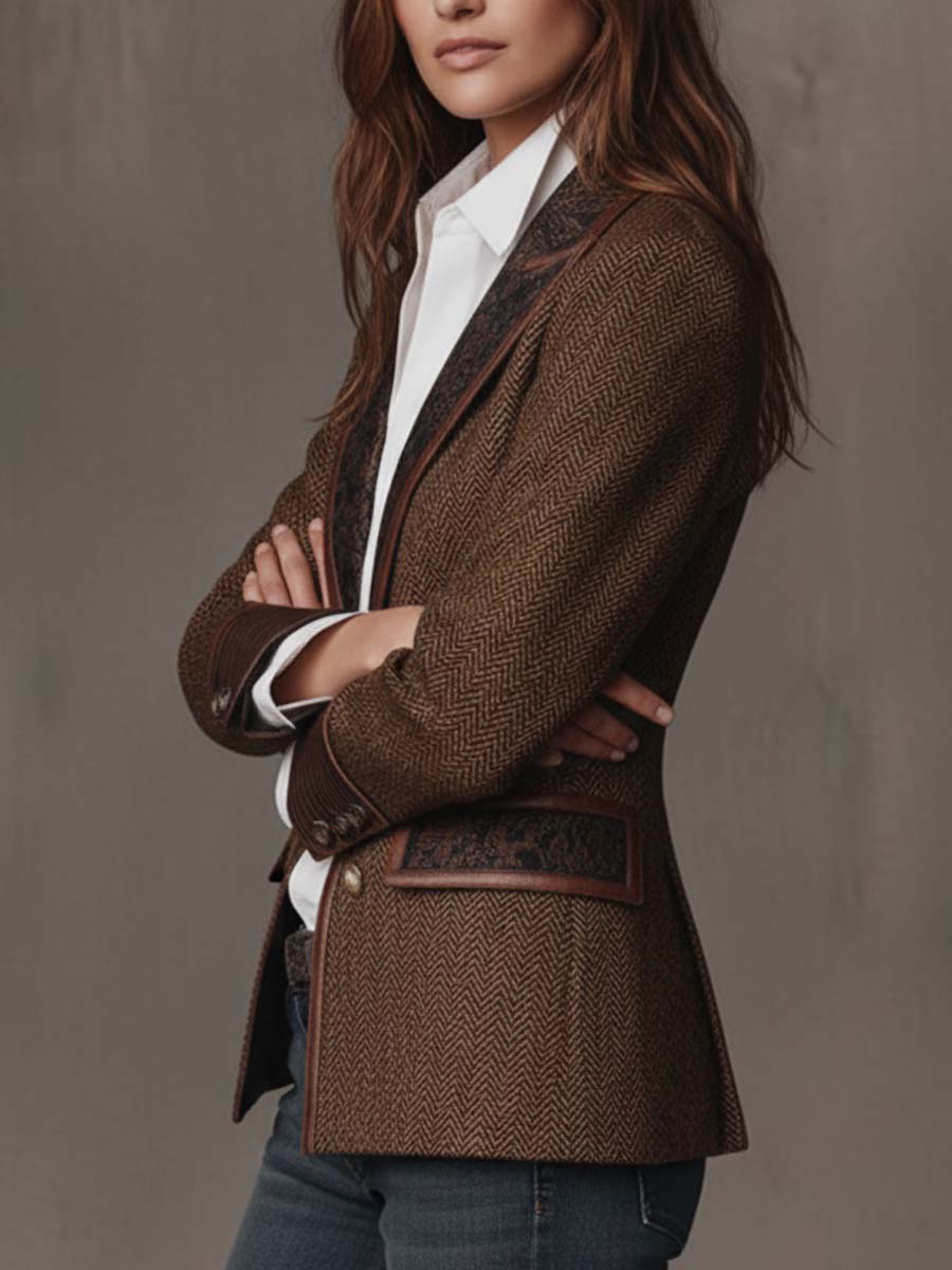 Side view of the brown blazer with paisley pocket flap
