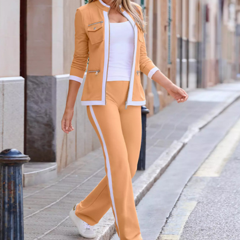 Ginger orange two piece set with zip jacket and white side stripe
