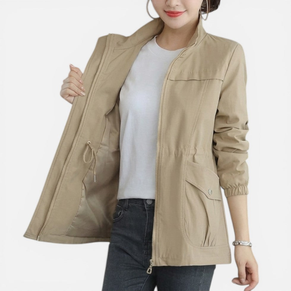 Women's utility jacket in beige, lightweight zip up drawstring waist