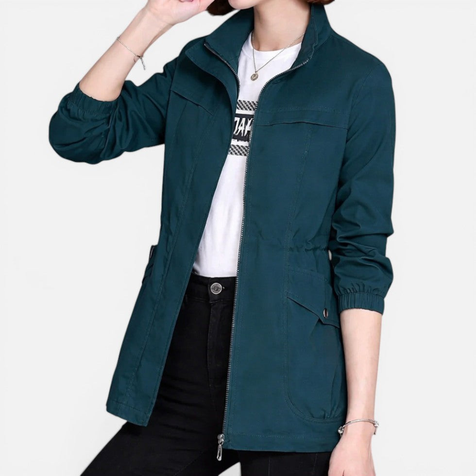 Women's utility jacket in blue, lightweight zip up drawstring waist