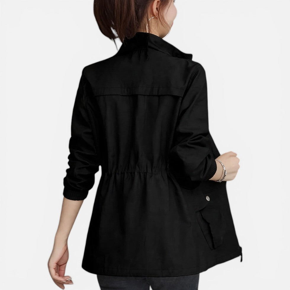 Women's utility jacket in shiny black, lightweight zip up drawstring waist