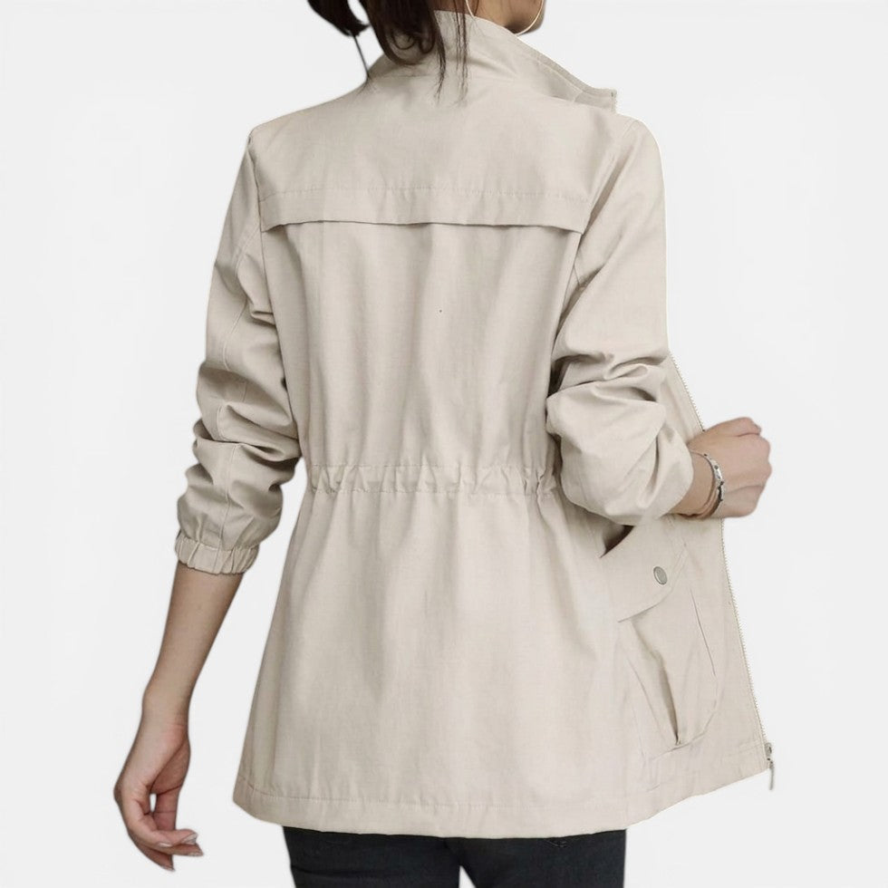 Women's utility jacket in white, lightweight zip up drawstring waist