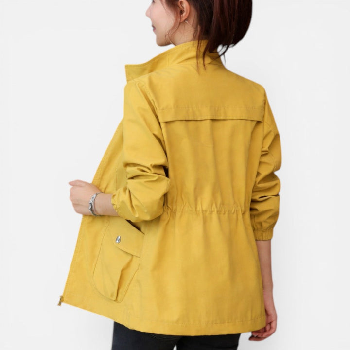 Women's utility jacket in yellow, lightweight zip up drawstring waist
