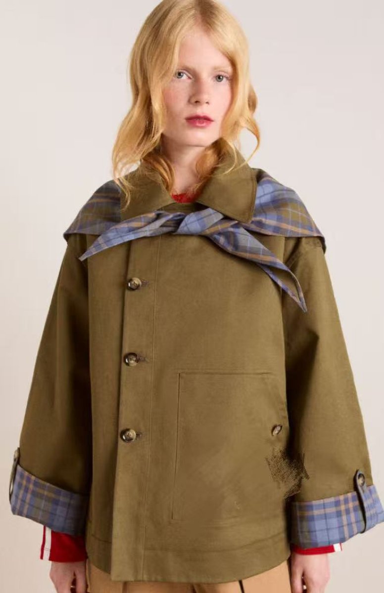 Women's utility jacket in olive, oversized with check collar