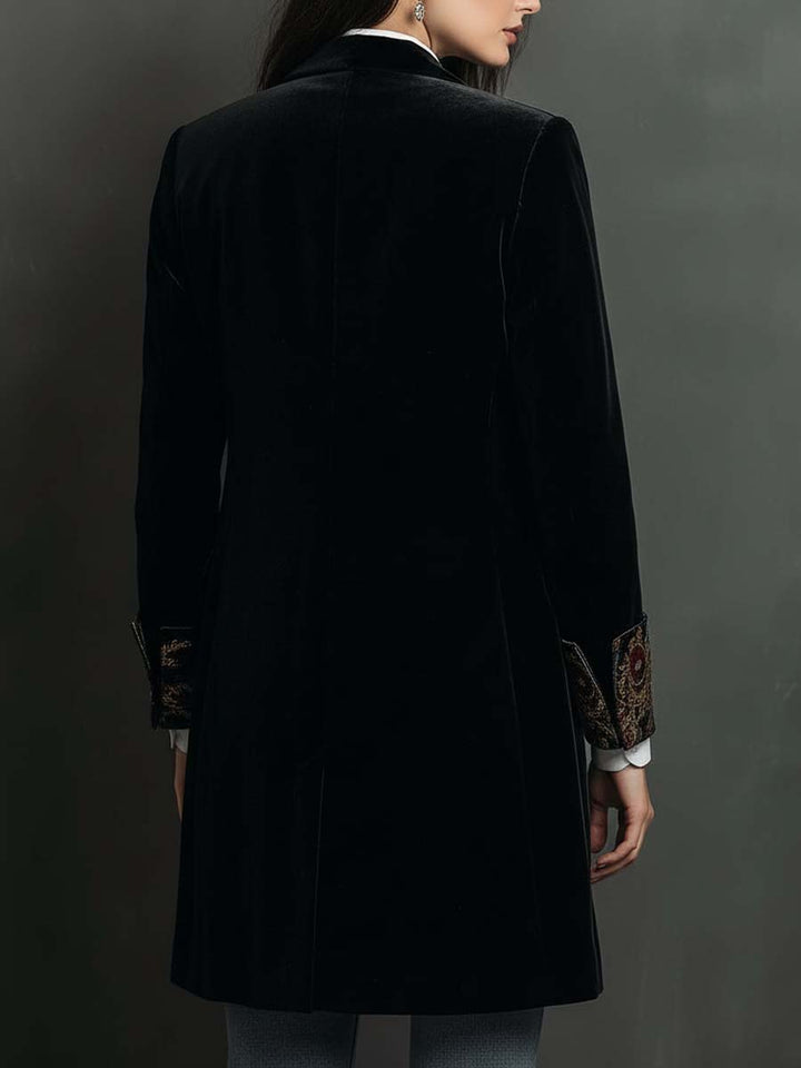 Back of the black longline velvet jacket