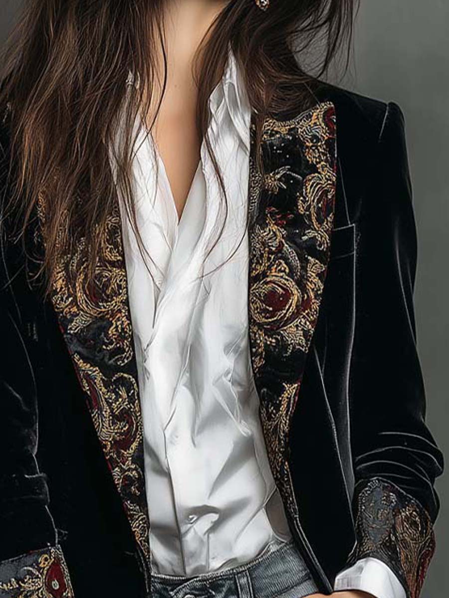 Close view of the peaked paisley lapel