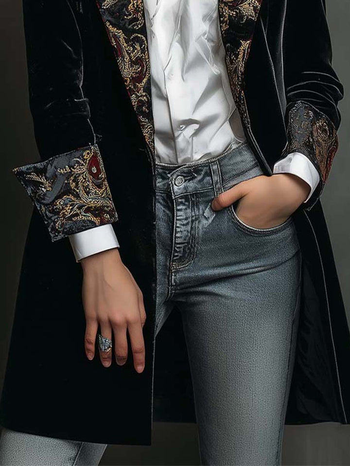 Turned-back paisley cuff with hand in pocket