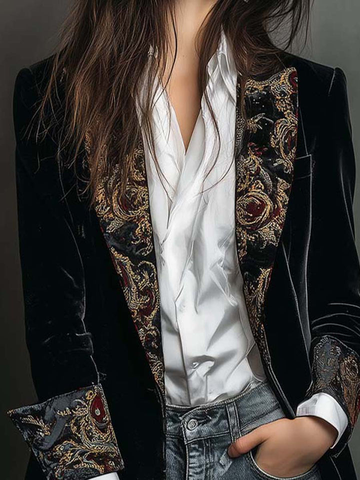 Paisley brocade lapels on the black velvet jacket