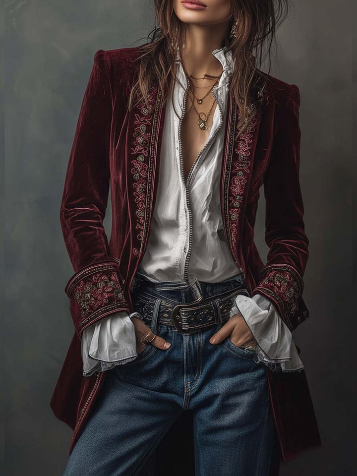 Burgundy velvet jacket with pink floral embroidery worn open