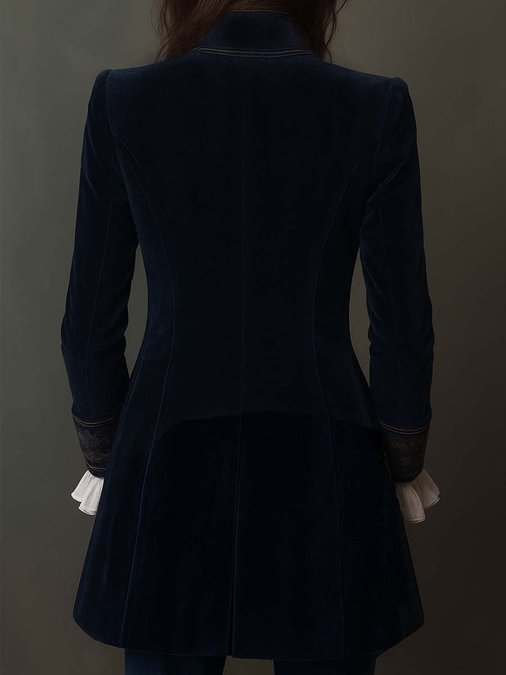 Back of the navy velvet longline jacket