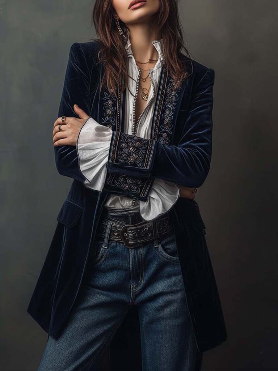 Navy velvet jacket worn with arms folded, showing the embroidered cuff
