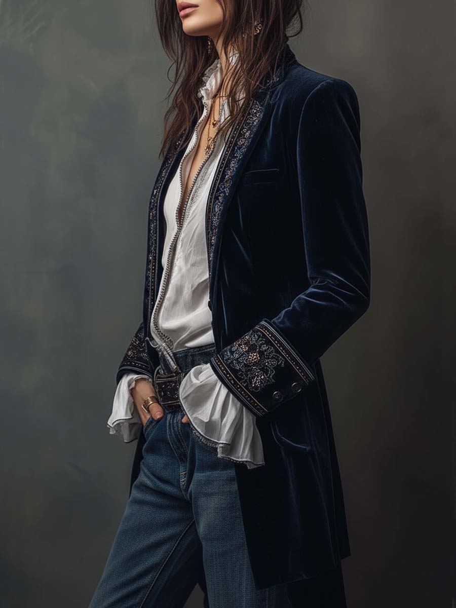 Side view of the navy jacket showing its long, slim line