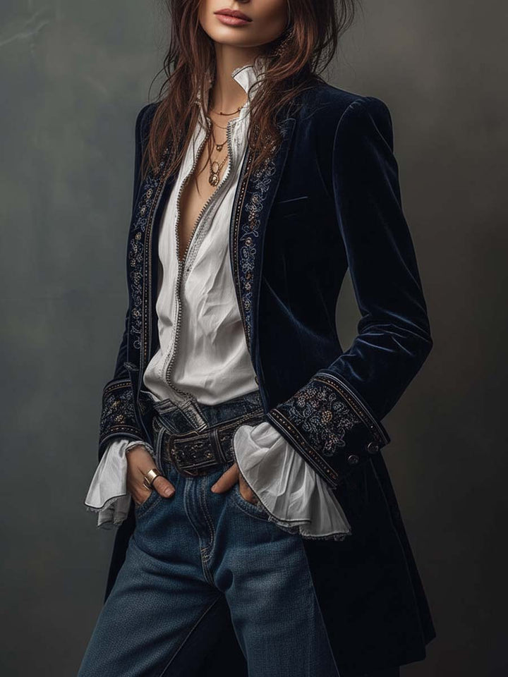 Navy longline jacket from a slight angle with hand in pocket