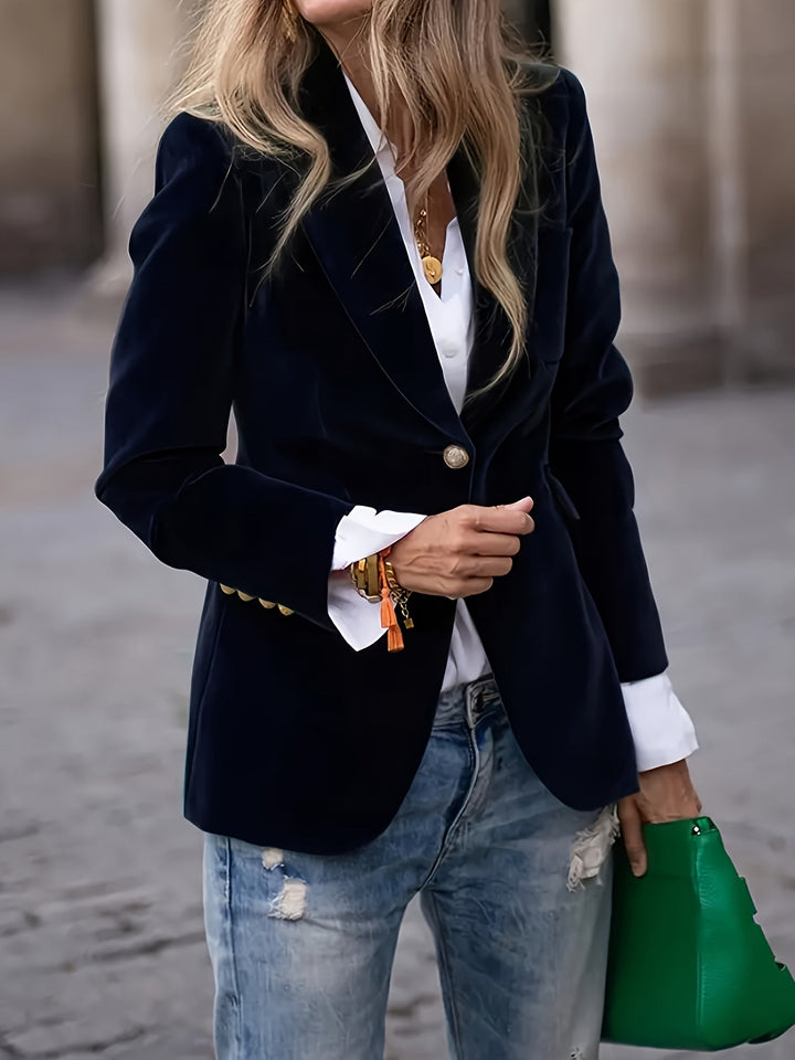 Black fitted blazer with single button, full front view