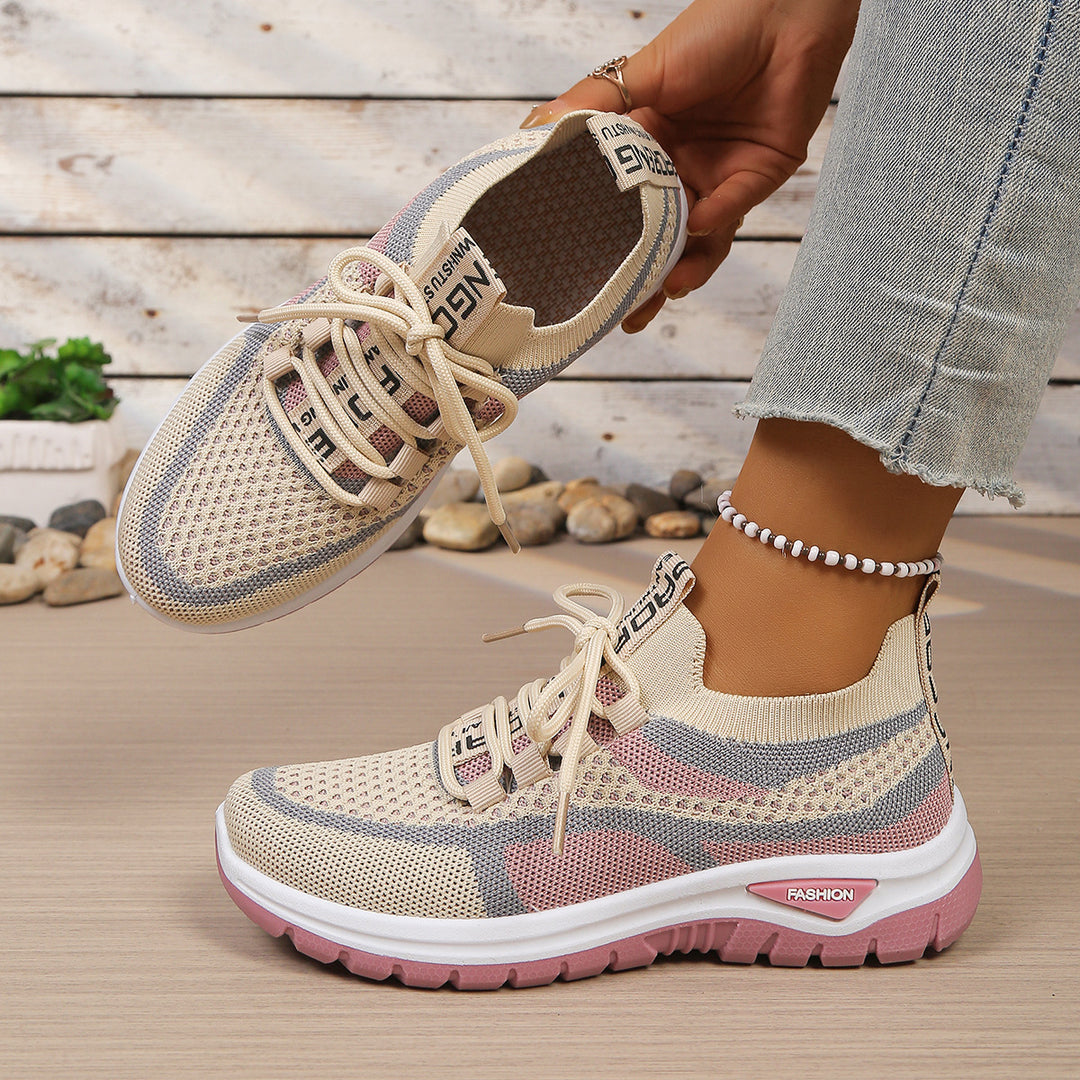 Women's walking trainers in beige pink, knit sock collar contrast sole