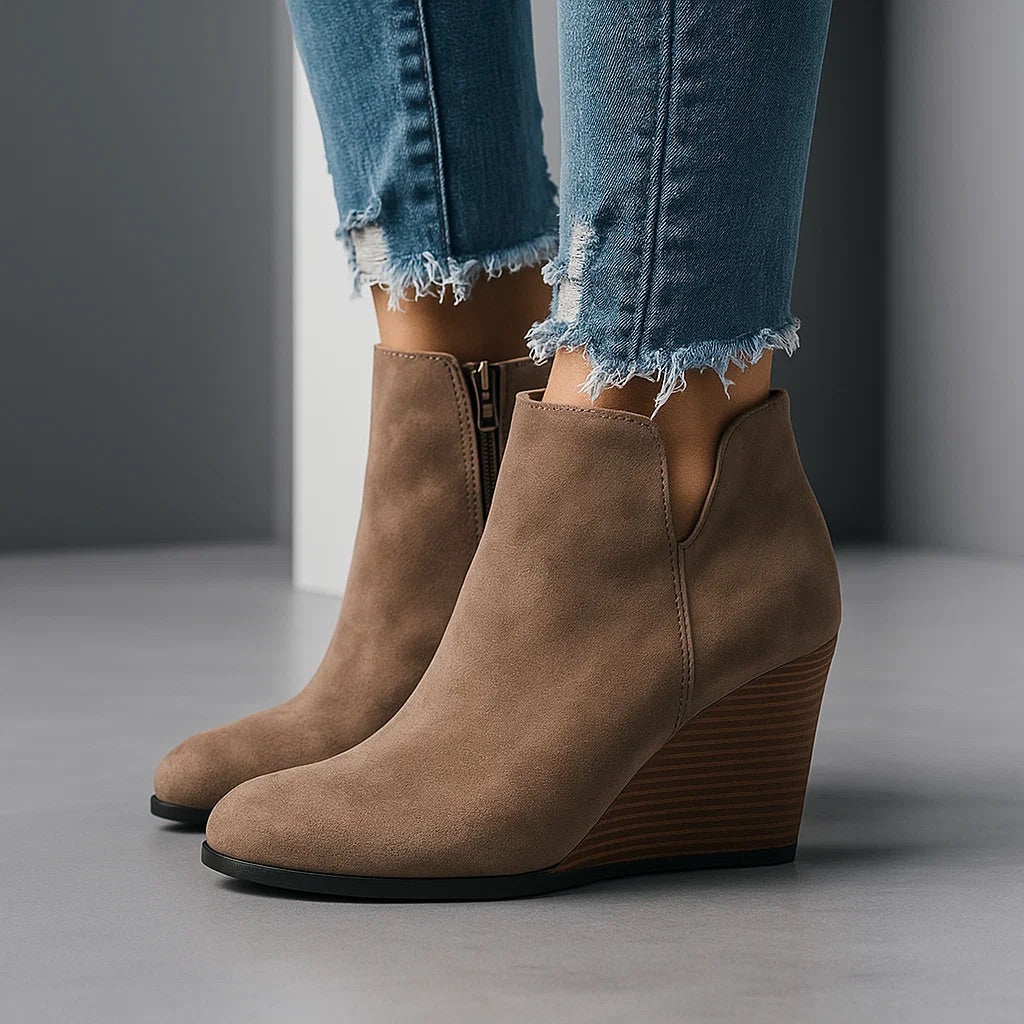 Taupe suede-look ankle boots with a stacked wedge and inner zip