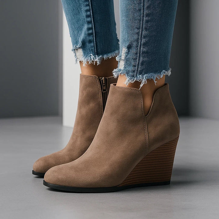Taupe suede-look ankle boots with a stacked wedge and inner zip
