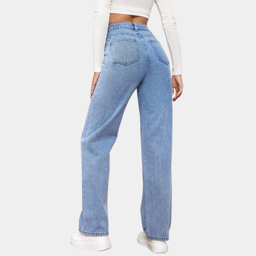 Light blue wide leg jeans seen from the back