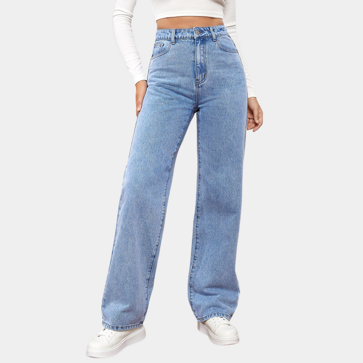 Light blue high waisted jeans with a straight wide leg, front view