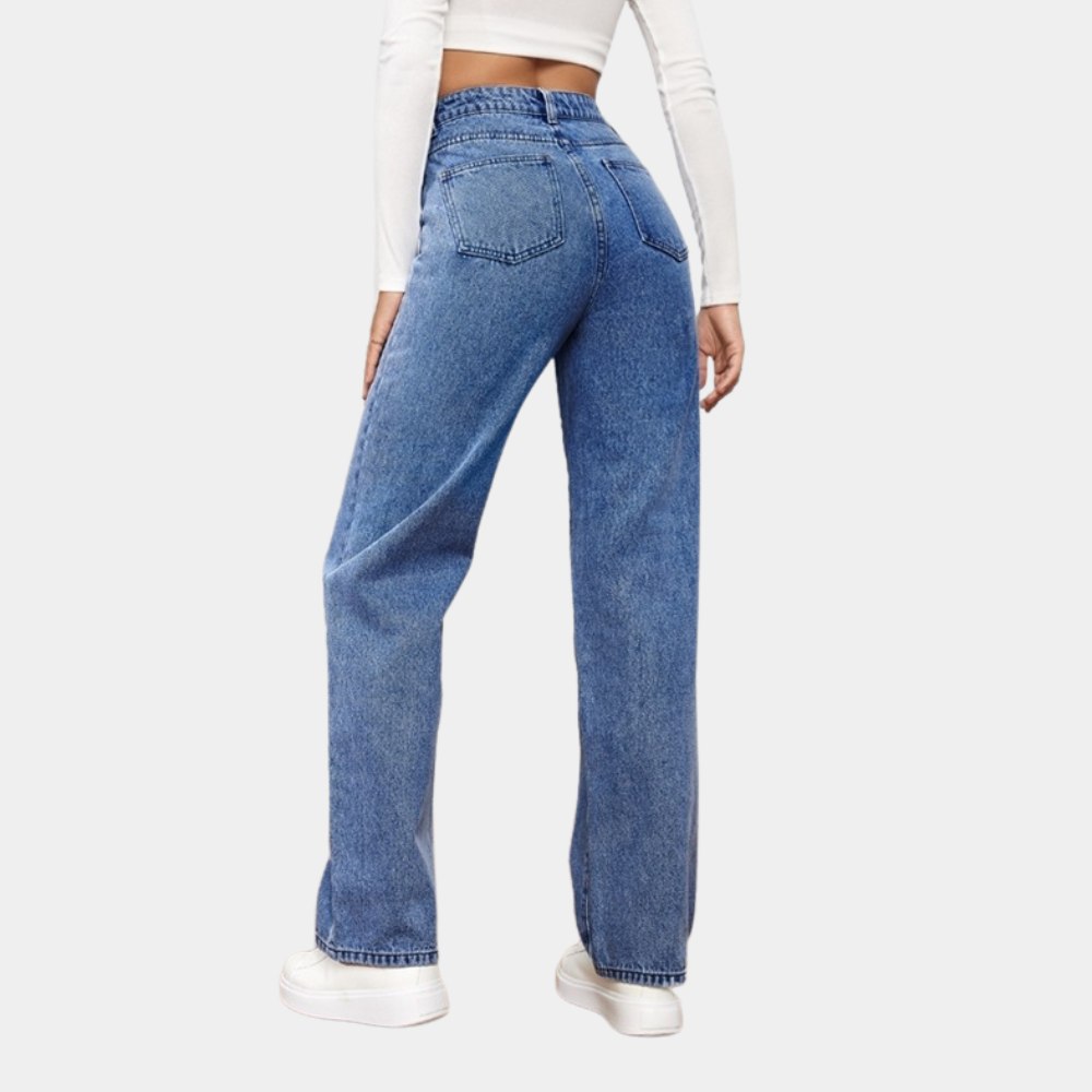 Back view of the mid blue jeans with two back pockets