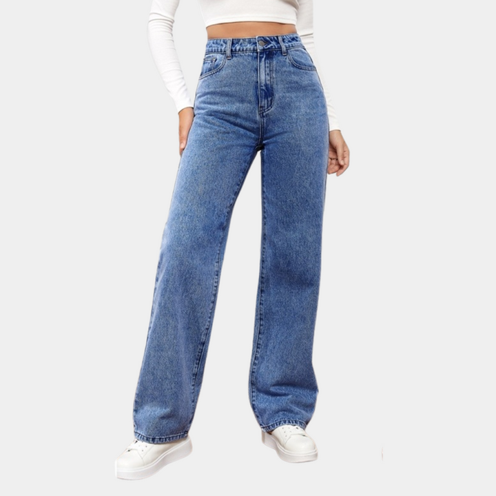 Women's wide leg jeans in mid blue, high waisted straight cut full length