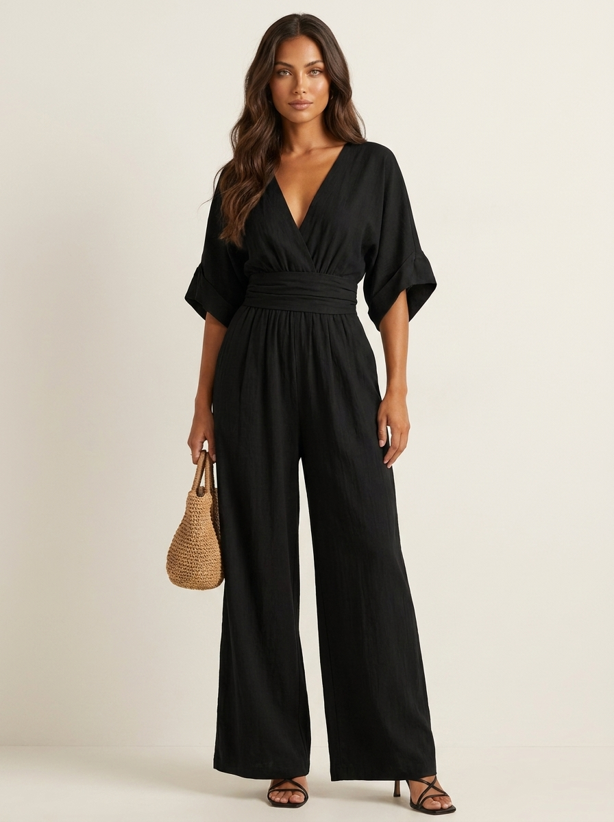 Women's jumpsuit in black, v neck cinched waist