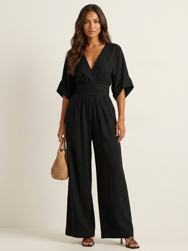 Women's jumpsuit in black, v neck cinched waist