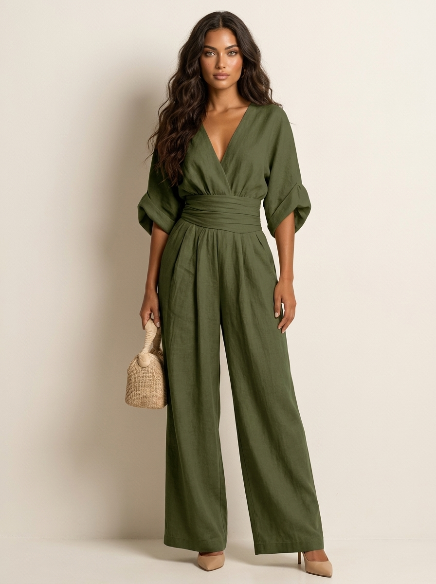Women's jumpsuit in dark green, v neck cinched waist