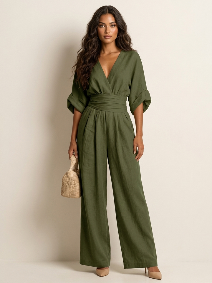 Women's jumpsuit in dark green, v neck cinched waist