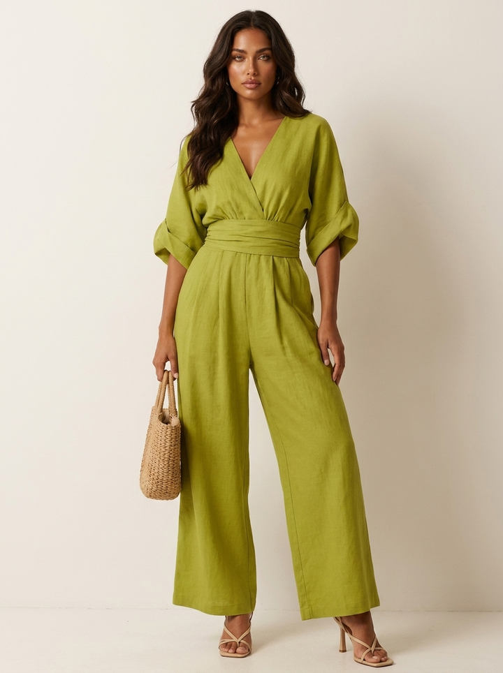 Women's jumpsuit in green, v neck cinched waist