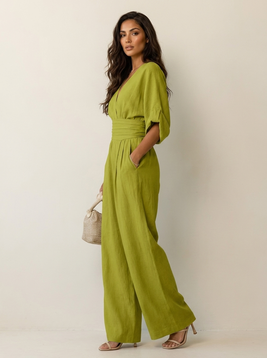 Women's jumpsuit, v neck cinched waist, view 3