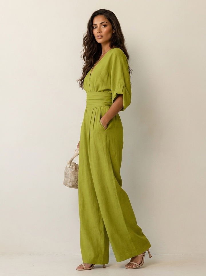 Women's jumpsuit, v neck cinched waist, view 3